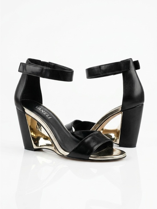Vaneli Shoes - Vaneli Black Leather Open-Toe Block Heels with Gold Accent